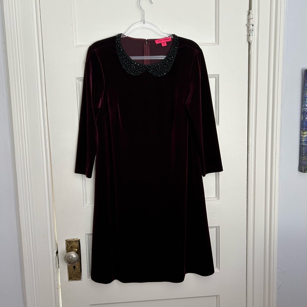 Betsey Johnson Burgundy Velvety Dress with Black Beaded Collar, Women's 8